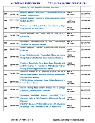 GLOBALSOFT TECHNOLOGIES www.GLOBALSOFTTECHNOLOGIES.ORG 
Mobile: (0) 9666155510 ieeefinalsemprojects@gmail.com 
Method for Flying Capacitor Multilevel Converters 187 GSTMPE1587 Optimal Trajectory Control of LLC Resonant Converters for LED PWM Dimming. POWER ELECTRONICS 2014/MATLAB 188 GSTMPE1588 Optimal Trajectory Control of LLC Resonant Converters for Soft Start-Up. POWER ELECTRONICS 2014/MATLAB 189 GSTMPE1589 Optimization of Integrated Transistors for Very High Frequency DC–DC Converters POWER ELECTRONICS 2014/MATLAB 190 GSTMPE1590 Partial Resonant Buck Boost and Fly back DC–DC Converters POWER ELECTRONICS 2014/MATLAB 191 GSTMPE1591 Polynomial Implementation of the Taylor–Fourier Transform for Harmonic Analysis POWER ELECTRONICS 2014/MATLAB 192 GSTMPE1592 Power Electronic Traction Transformer-Low Voltage Prototype POWER ELECTRONICS 2014/MATLAB 193 GSTMPE1593 Power Optimization for Photovoltaic Micro converters Using Multivariable Newton Based Extremum Seeking POWER ELECTRONICS 2014/MATLAB 194 GSTMPE1594 Predictive Control of a Three-Level Boost Converter and an NPC Inverter for High-Power PMSG-Based Medium Voltage Wind Energy Conversion Systems POWER ELECTRONICS 2014/MATLAB 195 GSTMPE1595 Predictive Control of an Induction Machine Fed by a Matrix Converter With Increased Efficiency and Reduced Common-Mode Voltage POWER ELECTRONICS 2014/MATLAB 196 GSTMPE1596 PWM Strategies for Common-Mode Voltage Reduction in Current Source Drives POWER ELECTRONICS 2014/MATLAB 197 GSTMPE1597 Robust Sliding-Mode Control Design for a Voltage Regulated Quadratic Boost Converter POWER ELECTRONICS 2014/MATLAB 198 GSTMPE1598 Sensorless Predictive Current Controlled DC-DC Converter with a Self-Correction Differential Current Observer POWER ELECTRONICS 2014/MATLAB 199 GSTMPE1599 SHE PWM Cascaded Multilevel Inverter with Adjustable DC Voltage Levels Control for STATCOM Applications POWER ELECTRONICS 2014/MATLAB  