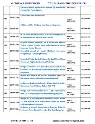GLOBALSOFT TECHNOLOGIES www.GLOBALSOFTTECHNOLOGIES.ORG 
Mobile: (0) 9666155510 ieeefinalsemprojects@gmail.com 
Converter-Based Bidirectional Inverter for Residential Photovoltaic Power System ELECTRONICS 100 GSTMPE1500 Current-Fed Switched Inverter POWER ELECTRONICS 2014/MATLAB 101 GSTMPE1501 DC Microgrid for Wind and Solar Power Integration POWER ELECTRONICS 2014/MATLAB 102 GSTMPE1502 DC/DC Buck Power Converter as a Smooth Starter for a DC Motor based on a Hierarchical Control POWER ELECTRONICS 2014/MATLAB 103 GSTMPE1503 DC-Link Voltage Balancing for a Three-Level Electric Vehicle Traction Inverter Using an Innovative Switching Sequence Control Scheme POWER ELECTRONICS 2014/MATLAB 104 GSTMPE1504 Decoupled control of Modular Multilevel Converters using Voltage Correcting Modules POWER ELECTRONICS 2014/MATLAB 105 GSTMPE1505 Decoupled Vector Control Scheme for Dual Three-Phase Permanent Magnet Synchronous Machines POWER ELECTRONICS 2014/MATLAB 106 GSTMPE1506 Design and Control of a Bidirectional Resonant DC–DC Converter for Automotive Engine/Battery Hybrid Power Generators POWER ELECTRONICS 2014/MATLAB 107 GSTMPE1507 Design and Control of IPMSM Sensorless Drive for Mechanical Rotor Position Estimation Capability POWER ELECTRONICS 2014/MATLAB 108 GSTMPE1508 Design and Implementation of a Single-Stage Acoustic- Resonance-Free HID Lamp Ballast With PFC. POWER ELECTRONICS 2014/MATLAB 109 GSTMPE1509 Design and Implementation of an 11-Level Inverter With FACTS Capability for Distributed Energy Systems POWER ELECTRONICS 2014/MATLAB 110 GSTMPE1510 Design of A High-Efficiency Minimum-Torque- Ripple 2V/ kW 3-Phase BLDC Motor Drive System for Diesel Engine Emissions Reductions POWER ELECTRONICS 2014/MATLAB 111 GSTMPE1511 Designing a Dynamic Ramp with an Invariant Inductor in Current-Mode Control for an On-Chip Buck Converter. POWER ELECTRONICS 2014/MATLAB  