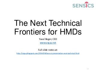 The Next Technical
Frontiers for HMDs
Yuval Boger, CEO
www.vrguy.net
Full slide notes at:
http://vrguy.blogspot.com/2014/04/ieee-vr-presentation-next-technical.html
1
 