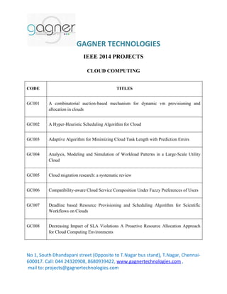 GAGNER TECHNOLOGIES
No 1, South Dhandapani street (Opposite to T.Nagar bus stand), T.Nagar, Chennai-
600017. Call: 044 24320908, 8680939422, www.gagnertechnologies.com ,
mail to: projects@gagnertechnologies.com
IEEE 2014 PROJECTS
CLOUD COMPUTING
CODE TITLES
GC001 A combinatorial auction-based mechanism for dynamic vm provisioning and
allocation in clouds
GC002 A Hyper-Heuristic Scheduling Algorithm for Cloud
GC003 Adaptive Algorithm for Minimizing Cloud Task Length with Prediction Errors
GC004 Analysis, Modeling and Simulation of Workload Patterns in a Large-Scale Utility
Cloud
GC005 Cloud migration research: a systematic review
GC006 Compatibility-aware Cloud Service Composition Under Fuzzy Preferences of Users
GC007 Deadline based Resource Provisioning and Scheduling Algorithm for Scientific
Workflows on Clouds
GC008 Decreasing Impact of SLA Violations A Proactive Resource Allocation Approach
for Cloud Computing Environments
 
