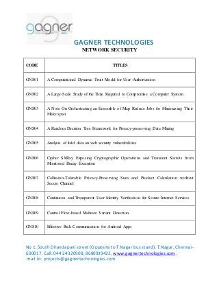 GAGNER TECHNOLOGIES 
NETWORK SECURITY 
CODE TITLES 
GNS01 A Computational Dynamic Trust Model for User Authorization 
GNS02 A Large-Scale Study of the Time Required to Compromise a Computer System 
GNS03 A Note On Orchestrating an Ensemble of Map Reduce Jobs for Minimizing Their 
Make span 
GNS04 A Random Decision Tree Framework for Privacy-preserving Data Mining 
GNS05 Analysis of field data on web security vulnerabilities 
GNS06 Cipher SXRay Exposing Cryptographic Operations and Transient Secrets from 
Monitored Binary Execution 
GNS07 Collusion-Tolerable Privacy-Preserving Sum and Product Calculation without 
Secure Channel 
GNS08 Continuous and Transparent User Identity Verification for Secure Internet Services 
GNS09 Control Flow-based Malware Variant Detection 
GNS10 Effective Risk Communication for Android Apps 
No 1, South Dhandapani street (Opposite to T.Nagar bus stand), T.Nagar, Chennai- 
600017. Call: 044 24320908, 8680939422, www.gagnertechnologies.com , 
mail to: projects@gagnertechnologies.com 
 