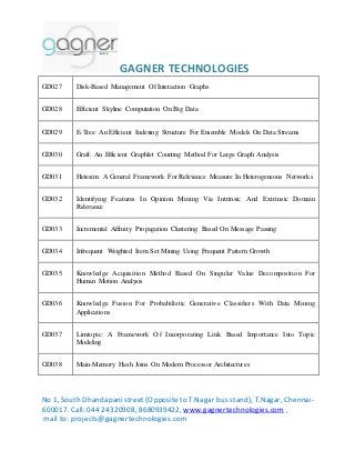 GAGNER TECHNOLOGIES 
GD027 Disk-Based Management Of Interaction Graphs 
GD028 Efficient Skyline Computation On Big Data 
GD029 E-Tree: An Efficient Indexing Structure For Ensemble Models On Data Streams 
GD030 Graft: An Efficient Graphlet Counting Method For Large Graph Analysis 
GD031 Hetesim: A General Framework For Relevance Measure In Heterogeneous Networks 
GD032 Identifying Features In Opinion Mining Via Intrinsic And Extrinsic Domain 
Relevance 
GD033 Incremental Affinity Propagation Clustering Based On Message Passing 
GD034 Infrequent Weighted Item Set Mining Using Frequent Pattern Growth 
GD035 Knowledge Acquisition Method Based On Singular Value Decomposition For 
Human Motion Analysis 
GD036 Knowledge Fusion For Probabilistic Generative Classifiers With Data Mining 
Applications 
GD037 Limtopic: A Framework Of Incorporating Link Based Importance Into Topic 
Modeling 
GD038 Main-Memory Hash Joins On Modern Processor Architectures 
No 1, South Dhandapani street (Opposite to T.Nagar bus stand), T.Nagar, Chennai- 
600017. Call: 044 24320908, 8680939422, www.gagnertechnologies.com , 
mail to: projects@gagnertechnologies.com 
 