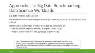 Approaches to Big Data Benchmarking: Data Science Workloads 
Big data enables Data Science 
Data science workloads incorporate not just queries, but also analytics and data 
mining 
Data Science workloads are characterized as consisting of: 
◦ 
Obtain, Scrub, Explore, Model, Interpret set of steps 
◦ 
Implies workloads that are pipelinesof processing 
10/29/2014 
TUTORIAL ON BIG DATA BENCHMARKING, IEEE BIG DATA CONFERENCE (C) BARU, RABL 2014 12 
Refs: [1] Hilary Mason and Chris Wiggins, A Taxonomy of Data Science, Sept 25th, 2010, 
dataists.com, [2] Data Science Workloads for Big Data Benchmarking, Milind Bhandarkar 
http://clds.sdsc.edu/sites/clds.sdsc.edu/files/wbdb2012/presentations/WBDB2012Presentation1 
9Bhandarkar.pdf 
 