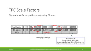 TPC Scale Factors 
10/29/2014 
TUTORIAL ON BIG DATA BENCHMARKING, IEEE BIG DATA CONFERENCE (C) BARU, RABL 2014 19 
Discrete scale factors, with corresponding DB sizes 
ScaleFactor 
1 
10 
30 
100 
300 
1000 
3000 
10000 
30000 
100000 
DB size in GB’s 
1 
10 
30 
100 
300 
1,000 
3,000 
10,000 
30,000 
100,000 
Recent result: 
Dell @ 100TB, 9/23/2014 
QphH: 11,612,395; Price/QphH= 0.37c 
Most popular range 
 