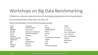 Workshops on Big Data Benchmarking 
Initiated as a industry 
-academia forum for developing big data benchmarking standards 
First workshop held in May 2012, San Jose, CA 
About 60 attendees from 45 different 
organizations: 
10/29/2014 
TUTORIAL ON BIG DATA BENCHMARKING, IEEE BIG DATA CONFERENCE (C) BARU, RABL 2014 24 
NSF 
NetApp 
NetApp/OpenSFS 
Oracle 
Red Hat 
SAS 
Scripps Research Institute 
Seagate 
Shell 
SNIA 
Teradata Corporation 
Greenplum 
Hewlett-Packard 
Hortonworks 
Indiana Univ / Hathitrust 
Research Foundation 
InfoSizing 
Intel 
LinkedIn 
MapR/Mahout 
Mellanox 
Microsoft 
Actian 
AMD 
BMMsoft 
Brocade 
CA Labs 
Cisco 
Cloudera 
Convey Computer 
CWI/Monet 
Dell 
EPFL 
Facebook 
Google 
Twitter 
UC Irvine 
UC San Diego 
Univ. of Minnesota 
Univ. of Toronto 
Univ. of Washington 
VMware 
WhamCloud 
Yahoo!  