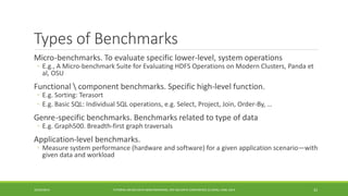Types of Benchmarks 
Micro 
-benchmarks. To evaluate specific lower-level, system operations 
◦ 
E.g., A Micro-benchmark Suite for Evaluating HDFS Operations on Modern Clusters, Panda et al, OSU 
Functional 
component benchmarks. Specific high-level function. 
◦ 
E.g. Sorting: Terasort 
◦ 
E.g. Basic SQL: Individual SQL operations, e.g. Select, Project, Join, Order-By, … 
Genre 
-specific benchmarks. Benchmarks related to type of data 
◦ 
E.g. Graph500. Breadth-first graph traversals 
Application 
-level benchmarks. 
◦ 
Measure systemperformance (hardware and software) for a given application scenario—with given data and workload 
10/29/2014 
TUTORIAL ON BIG DATA BENCHMARKING, IEEE BIG DATA CONFERENCE (C) BARU, RABL 2014 33 
 