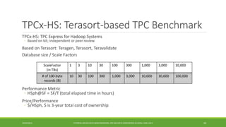 TPCx-HS: Terasort-based TPC Benchmark 
TPCx 
-HS: TPC Express for HadoopSystems 
◦ 
Based on kit; independent or peer review 
Based 
on Terasort: Teragen, Terasort, Teravalidate 
Database size / Scale Factors 
Performance 
Metric 
◦ 
HSph@SF= SF/T (total elapsed time in hours) 
Price/Performance 
◦ 
$/HSph, $ is 3-year total cost of ownership 
10/29/2014 
TUTORIAL ON BIG DATA BENCHMARKING, IEEE BIG DATA CONFERENCE (C) BARU, RABL 2014 40 
ScaleFactor 
(in TBs) 
1 
3 
10 
30 
100 
300 
1,000 
3,000 
10,000 
# of100-byte records (B) 
10 
30 
100 
300 
1,000 
3,000 
10,000 
30,000 
100,000  