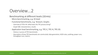 Overview…2 
Benchmarking at different levels (10 
mts) 
◦ 
Micro-benchmarking, e.g. IO-level 
◦ 
Functional benchmarks, e.g. Terasort, Graphs 
◦ 
Overview of TPCx-HS. What does the TPC process bring? 
◦ 
Graph 500: characteristics; results 
◦ 
Application-levelbenchmarking, e.g. TPC-C, TPC-H, TPC-DS 
◦ 
History / success of TPC benchmarks 
◦ 
Description of how TPC benchmarks are constructed; data generation; ACID rules; auditing; power runs; throughput runs; metrics 
10/29/2014 
TUTORIAL ON BIG DATA BENCHMARKING, IEEE BIG DATA CONFERENCE (C) BARU, RABL 2014 6 
 