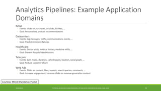 Analytics Pipelines: Example Application Domains 
Retail 
◦ 
Events: clicks on purchases, ad clicks, FB likes, … 
◦ 
Goal: Personalized product recommendations 
Datacenters 
◦ 
Events: log messages, traffic, communications events, … 
◦ 
Goal: Predict imminent failures 
Healthcare 
◦ 
Events: Doctor visits, medical history, medicine refills, … 
◦ 
Goal: Prevent hospital readmissions 
Telecom 
◦ 
Events: Calls made, duration, calls dropped, location, social graph, … 
◦ 
Goal: Reduce customer churn 
Web Ads 
◦ 
Events: Clicks on content, likes, reposts, search queries, comments, … 
◦ 
Goal: Increase engagement, increase clicks on revenue-generation content 
10/29/2014 
TUTORIAL ON BIG DATA BENCHMARKING, IEEE BIG DATA CONFERENCE (C) BARU, RABL 2014 72 
Courtesy: Milind Bhandarkar, Pivotal 
 
