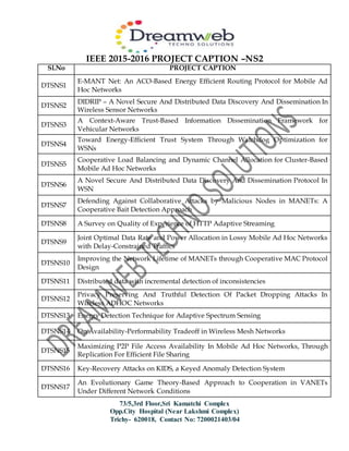 IEEE 2015-2016 PROJECT CAPTION –NS2
73/5,3rd Floor,Sri Kamatchi Complex
Opp.City Hospital (Near Lakshmi Complex)
Trichy- 620018, Contact No: 7200021403/04
Sl.No PROJECT CAPTION
DTSNS1
E-MANT Net: An ACO-Based Energy Efficient Routing Protocol for Mobile Ad
Hoc Networks
DTSNS2
DIDRIP – A Novel Secure And Distributed Data Discovery And Dissemination In
Wireless Sensor Networks
DTSNS3
A Context-Aware Trust-Based Information Dissemination Framework for
Vehicular Networks
DTSNS4
Toward Energy-Efficient Trust System Through Watchdog Optimization for
WSNs
DTSNS5
Cooperative Load Balancing and Dynamic Channel Allocation for Cluster-Based
Mobile Ad Hoc Networks
DTSNS6
A Novel Secure And Distributed Data Discovery And Dissemination Protocol In
WSN
DTSNS7
Defending Against Collaborative Attacks by Malicious Nodes in MANETs: A
Cooperative Bait Detection Approach
DTSNS8 A Survey on Quality of Experience of HTTP Adaptive Streaming
DTSNS9
Joint Optimal Data Rate and Power Allocation in Lossy Mobile Ad Hoc Networks
with Delay-Constrained Traffics
DTSNS10
Improving the Network Lifetime of MANETs through Cooperative MAC Protocol
Design
DTSNS11 Distributed data with incremental detection of inconsistencies
DTSNS12
Privacy Preserving And Truthful Detection Of Packet Dropping Attacks In
Wireless ADHOC Networks
DTSNS13 Energy Detection Technique for Adaptive Spectrum Sensing
DTSNS14 On Availability-Performability Tradeoff in Wireless Mesh Networks
DTSNS15
Maximizing P2P File Access Availability In Mobile Ad Hoc Networks, Through
Replication For Efficient File Sharing
DTSNS16 Key-Recovery Attacks on KIDS, a Keyed Anomaly Detection System
DTSNS17
An Evolutionary Game Theory-Based Approach to Cooperation in VANETs
Under Different Network Conditions
 