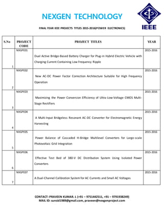 NEXGEN TECHNOLOGY
FINAL YEAR IEEE PROJECTS TITLES 2015-2016(POWER ELECTRONICS)
CONTACT: PRAVEEN KUMAR. L (+91 – 9751442511, +91 – 9791938249)
MAIL ID: sunsid1989@gmail.com, praveen@nexgenproject.com
S.No PROJECT
CODE
PROJECT TITLES YEAR
1
NXGPE01
Dual Active Bridge-Based Battery Charger for Plug-in Hybrid Electric Vehicle with
Charging Current Containing Low Frequency Ripple
2015-2016
2
NXGPE02
New AC-DC Power Factor Correction Architecture Suitable for High Frequency
Operation
2015-2016
3
NXGPE03
Maximizing the Power Conversion Efficiency of Ultra-Low-Voltage CMOS Multi-
Stage Rectifiers
2015-2016
4
NXGPE04
A Multi-Input Bridgeless Resonant AC-DC Converter for Electromagnetic Energy
Harvesting
2015-2016
5
NXGPE05
Power Balance of Cascaded H-Bridge Multilevel Converters for Large-scale
Photovoltaic Grid Integration
2015-2016
6
NXGPE06
Effective Test Bed of 380-V DC Distribution System Using Isolated Power
Converters
2015-2016
7
NXGPE07
A Dual-Channel Calibration System for AC Currents and Small AC Voltages
2015-2016
 