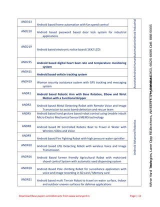 WineYardTechnologies,LaneOppRSBrothers,AMEERPET,Hyderabad.Ph:040-64646363,66256695Cell:8885555212
AND313
Android based home automation with fan speed control
AndroidIndustrialAutomation
AND210 Android based password based door lock system for industrial
applications
AND219
Android based electronic notice board (16X2 LCD)
AND235 Android based digital heart beat rate and temperature monitoring
system
AndroidHumanAssistive
AND411
Android based vehicle tracking system
AND419 Woman security assistance system with GPS tracking and messaging
system
ANDR1 Android based Robotic Arm with Base Rotation, Elbow and Wrist
Motion with a Functional Gripper
AndroidAdvancedRobotics
ANDR2 Android based Metal Detecting Robot with Remote Voice and Image
Transmission to assist bomb detection and rescue team
ANDR5 Android based hand gesture based robot control using (mobile inbuilt
Micro Electro Mechanical Sensor) MEMS technology
ANDR8 Android based RF Controlled Robotic Boat to Travel in Water with
Wireless Video and Voice
ANDR9
Android based Fire Fighting Robot with high pressure water sprinkler
ANDR10 Android based LPG Detecting Robot with wireless Voice and Image
Transmission
ANDR16 Android Based farmer friendly Agricultural Robot with motorized
shovel control System with automatic seed dispensing system
ANDR18 Android Based Pole climbing Robot for surveillance application with
voice and image recording in SD card / Memory card
ANDR21 Android based multi Terrain Robot to travel on water surface, Indoor
and outdoor uneven surfaces for defense applications
Download Base papers and Abstracts from www.wineyard.in Page | 11
 