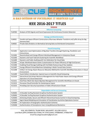 IEEE 2016-2017 TITLES
# 66, VKS COMPLEX, TRUNK ROAD, WALAJAPET, VELLORE-632513
Land Mark (OPP) CHENNAI BUS STAND, PH: 9791516463, 9790809407, 9790647407
Email-focuslogicitacademy@gmail.com
1
DOMAIN
Affective Computing
FLAF001 Analysis of EEG Signals and Facial Expressions for Continuous Emotion Detection
Biology and Bioinformatics
FLBI001 Parallel and Space-Efficient Construction of Burrows-Wheeler Transform and Suffix Array for Big
Genome Data
FLBI002 Private Data Analytics on Biomedical Sensing Data via Distributed Computation
Cloud Computing
FLCL001 Application-Level Optimization of Big Data Transfers through Pipelining, Parallelism and
Concurrency
FLCL002 Decentralized and Energy-Efficient Workload Management in Enterprise Clouds
FLCL003 Dynamic and Fault-Tolerant Clustering for Scientific Workflows
FLCL004 Dynamic and Public Auditing with Fair Arbitration for Cloud Data
FLCL005 eCope: Workload-Aware Elastic Customization for Power Efficiency of High-End Servers
FLCL006 Enabling Cloud Storage Auditing with Verifiable Outsourcing of Key Updates
FLCL007 Energy-Efficient Virtual Machines Scheduling in Multi-Tenant Data Centers
FLCL008 EnReal: An Energy-Aware Resource Allocation Method for Scientific Workflow Executions in Cloud
Environment
FLCL009 Guest Editors Introduction: Special Issue on Scientific Cloud Computing
FLCL010 Hierarchical SLA-Driven Resource Management for Peak Power-Aware and Energy-Efficient
Operation of a Cloud Datacenter
FLCL011 OverFlow: Multi-Site Aware Big Data Management for Scientific Workflows on Clouds
FLCL012 Pervasive Cloud Controller for Geotemporal Inputs
FLCL013 Providing User Security Guarantees in Public Infrastructure Clouds
Dependable and Secure Computing
FLDS001 A Shoulder Surfing Resistant Graphical Authentication System
FLDS002 A Shoulder Surfing Resistant Graphical Authentication System
FLDS003 Achieving Simple, Secure and Efficient Hierarchical Access Control in Cloud Computing
FLDS004 Agent-Based Modeling and Simulation of Coordination by Airline Operations Control
FLDS005 An Exploration of Geographic Authentication Schemes
FLDS006 Authentication of Smartphone Users Using Behavioral Biometrics
 