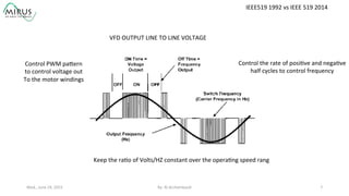 VFD	
  OUTPUT	
  LINE	
  TO	
  LINE	
  VOLTAGE	
  	
  	
  
Wed.,	
  June	
  24,	
  2015	
   By:	
  Al	
  Archambault	
  	
  	
   7	
  
IEEE519	
  1992	
  vs	
  IEEE	
  519	
  2014	
  
Control	
  PWM	
  paXern	
  	
  
to	
  control	
  voltage	
  out	
  
To	
  the	
  motor	
  windings	
  	
  
Control	
  the	
  rate	
  of	
  posi9ve	
  and	
  nega9ve	
  	
  
half	
  cycles	
  to	
  control	
  frequency	
  
	
  	
  
Keep	
  the	
  ra9o	
  of	
  Volts/HZ	
  constant	
  over	
  the	
  opera9ng	
  speed	
  rang	
  
 