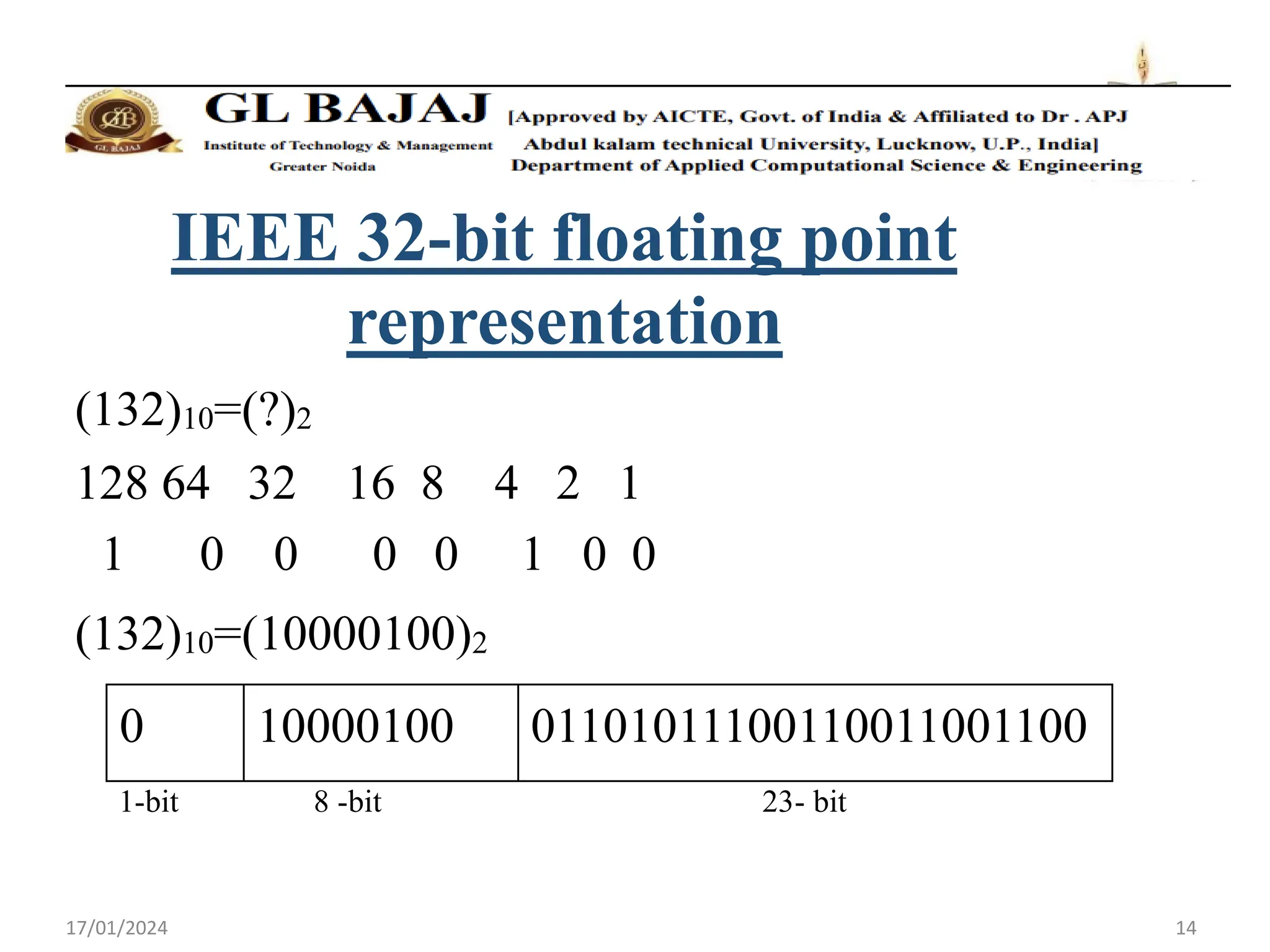 17/01/2024 14
IEEE 32-bit floating point
representation
(132)10=(?)2
128 64 32 16 8 4 2 1
1 0 0 0 0 1 0 0
(132)10=(10000100)2
0 10000100 01101011100110011001100
1-bit 8 -bit 23- bit
 