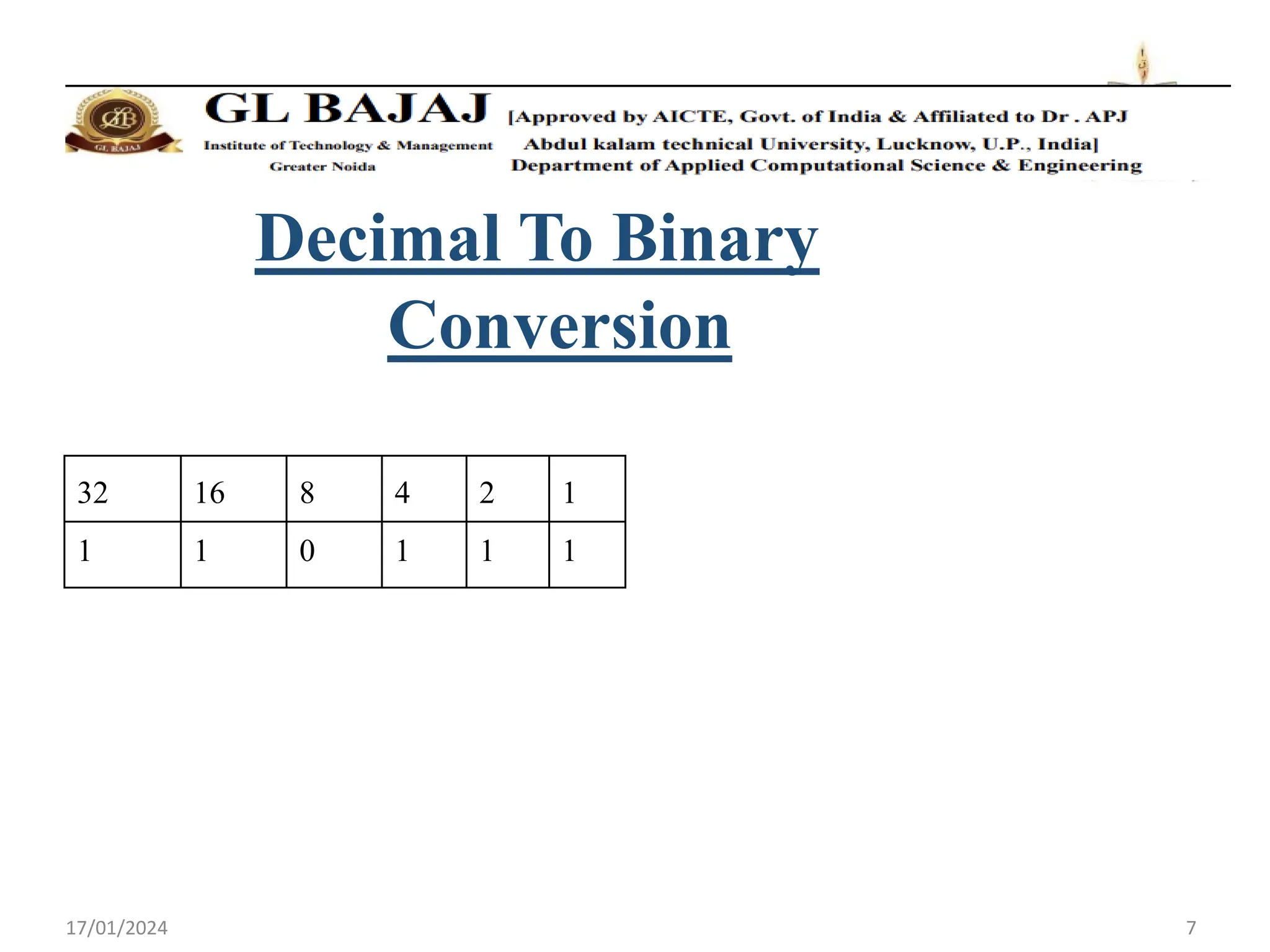 17/01/2024 7
Decimal To Binary
Conversion
32 16 8 4 2 1
1 1 0 1 1 1
 