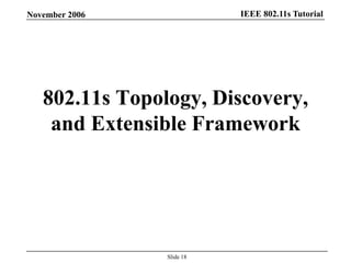 IEEE 802.11s TutorialNovember 2006
Slide 18
802.11s Topology, Discovery,
and Extensible Framework
 