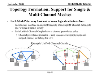 IEEE 802.11s TutorialNovember 2006
Slide 22
Topology Formation: Support for Single &
Multi-Channel Meshes
• Each Mesh Point may have one or more logical radio interface:
– Each logical interface on one (infrequently changing) RF channel, belongs to
one “Unified Channel Graph”
– Each Unified Channel Graph shares a channel precedence value
• Channel precedence indicator – used to coalesce disjoint graphs and
support channel switching for DFS
Example Unified Channel Graphs
 