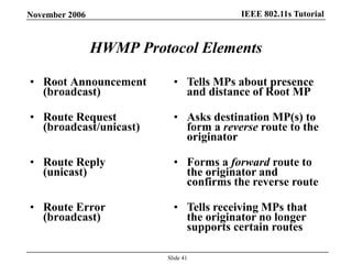 IEEE 802.11s TutorialNovember 2006
Slide 41
HWMP Protocol Elements
• Root Announcement
(broadcast)
• Route Request
(broadcast/unicast)
• Route Reply
(unicast)
• Route Error
(broadcast)
• Tells MPs about presence
and distance of Root MP
• Asks destination MP(s) to
form a reverse route to the
originator
• Forms a forward route to
the originator and
confirms the reverse route
• Tells receiving MPs that
the originator no longer
supports certain routes
 