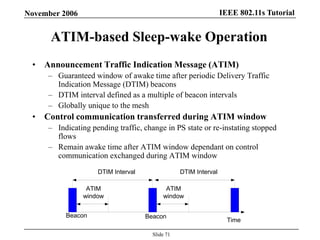 IEEE 802.11s TutorialNovember 2006
Slide 71
ATIM-based Sleep-wake Operation
• Announcement Traffic Indication Message (ATIM)
– Guaranteed window of awake time after periodic Delivery Traffic
Indication Message (DTIM) beacons
– DTIM interval defined as a multiple of beacon intervals
– Globally unique to the mesh
• Control communication transferred during ATIM window
– Indicating pending traffic, change in PS state or re-instating stopped
flows
– Remain awake time after ATIM window dependant on control
communication exchanged during ATIM window
Time
DTIM Interval
ATIM
window
ATIM
window
DTIM Interval
Beacon Beacon
 