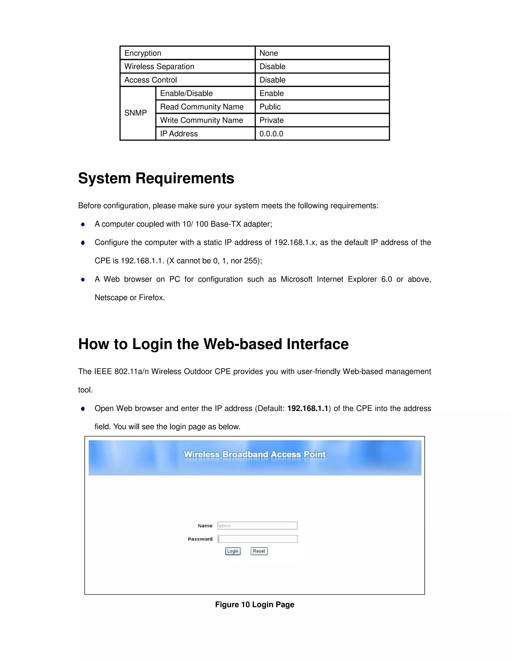 Encryption None
Wireless Separation Disable
Access Control Disable
Enable/Disable Enable
Read Community Name Public
Write Community Name Private
SNMP
IP Address 0.0.0.0
System Requirements
Before configuration, please make sure your system meets the following requirements:
A computer coupled with 10/ 100 Base-TX adapter;
Configure the computer with a static IP address of 192.168.1.x, as the default IP address of the
CPE is 192.168.1.1. (X cannot be 0, 1, nor 255);
A Web browser on PC for configuration such as Microsoft Internet Explorer 6.0 or above,
Netscape or Firefox.
How to Login the Web-based Interface
The IEEE 802.11a/n Wireless Outdoor CPE provides you with user-friendly Web-based management
tool.
Open Web browser and enter the IP address (Default: 192.168.1.1) of the CPE into the address
field. You will see the login page as below.
Figure 10 Login Page
 