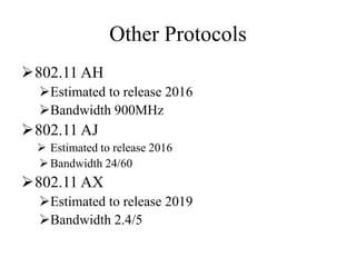 Other Protocols
802.11 AH
Estimated to release 2016
Bandwidth 900MHz
802.11 AJ
 Estimated to release 2016
Bandwidth 24/60
802.11 AX
Estimated to release 2019
Bandwidth 2.4/5
 