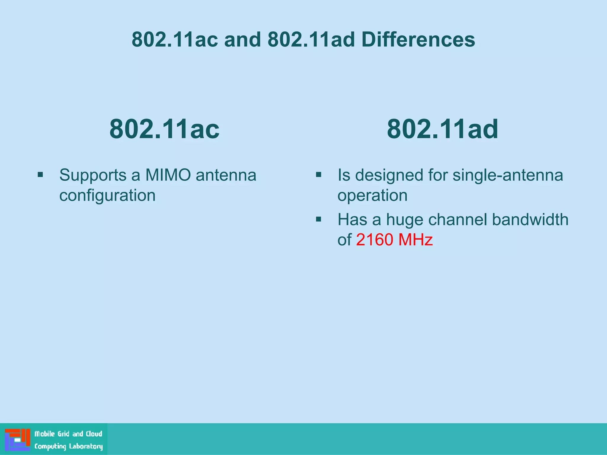 802.11ac and 802.11ad Differences
802.11ac
 Supports a MIMO antenna
configuration
802.11ad
 Is designed for single-antenna
operation
 Has a huge channel bandwidth
of 2160 MHz
 
