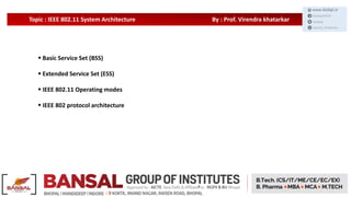 Topic : IEEE 802.11 System Architecture By : Prof. Virendra khatarkar
 Basic Service Set (BSS)
 Extended Service Set (ESS)
 IEEE 802.11 Operating modes
 IEEE 802 protocol architecture
 