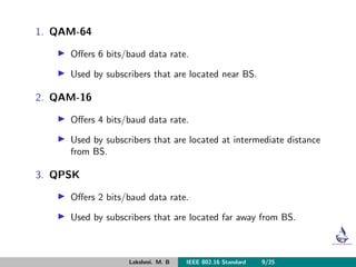 1. QAM-64
Oﬀers 6 bits/baud data rate.
Used by subscribers that are located near BS.
2. QAM-16
Oﬀers 4 bits/baud data rate.
Used by subscribers that are located at intermediate distance
from BS.
3. QPSK
Oﬀers 2 bits/baud data rate.
Used by subscribers that are located far away from BS.
Lakshmi. M. B IEEE 802.16 Standard 9/25
 