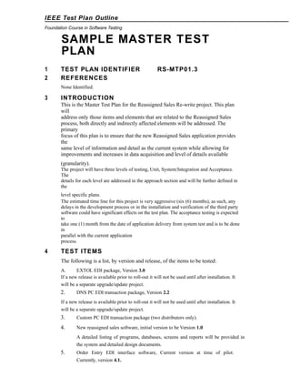 IEEE Test Plan Outline
Foundation Course in Software Testing

SAMPLE MASTER TEST
PLAN
1
2

TEST PLAN IDENTIFIER
REFERENCES

RS-MTP01.3

None Identified.

3

INTRODUCTION
This is the Master Test Plan for the Reassigned Sales Re-write project. This plan
will
address only those items and elements that are related to the Reassigned Sales
process, both directly and indirectly affected elements will be addressed. The
primary
focus of this plan is to ensure that the new Reassigned Sales application provides
the
same level of information and detail as the current system while allowing for
improvements and increases in data acquisition and level of details available
(granularity).
The project will have three levels of testing, Unit, System/Integration and Acceptance.
The
details for each level are addressed in the approach section and will be further defined in
the
level specific plans.
The estimated time line for this project is very aggressive (six (6) months), as such, any
delays in the development process or in the installation and verification of the third party
software could have significant effects on the test plan. The acceptance testing is expected
to
take one (1) month from the date of application delivery from system test and is to be done
in
parallel with the current application
process.

4

TEST ITEMS
The following is a list, by version and release, of the items to be tested:
A.
EXTOL EDI package, Version 3.0
If a new release is available prior to roll-out it will not be used until after installation. It
will be a separate upgrade/update project.

2.

DNS PC EDI transaction package, Version 2.2

If a new release is available prior to roll-out it will not be used until after installation. It
will be a separate upgrade/update project.

3.

Custom PC EDI transaction package (two distributors only).

4.

New reassigned sales software, initial version to be Version 1.0
A detailed listing of programs, databases, screens and reports will be provided in
the system and detailed design documents.

5.

Order Entry EDI interface software, Current version at time of pilot.
Currently, version 4.1.

 