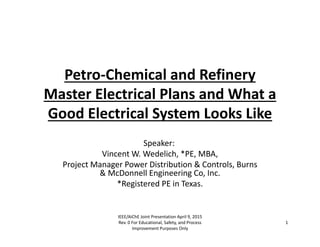 Petro‐Chemical and Refinery 
Master Electrical Plans and What a 
Good Electrical System Looks Like
Speaker:
Vincent W. Wedelich, *PE, MBA, 
Project Manager Power Distribution & Controls, Burns 
& McDonnell Engineering Co, Inc.
*Registered PE in Texas.
IEEE/AiChE Joint Presentation April 9, 2015 
Rev. 0 For Educational, Safety, and Process 
Improvement Purposes Only
1
 