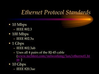 Ethernet Protocol Standards
• 10 Mbps
– IEEE 802.3
• 100 Mbps
– IEEE 802.3u
• 1 Gbps
– IEEE 802.3ab
– Uses all 4 pairs of the RJ-45 cable
(www.techfest.com/networking/lan/ethernet1.ht
m )
• 10 Gbps
– IEEE 820.3ae
 