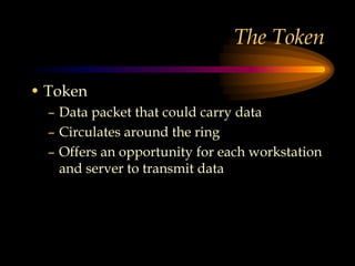 The Token
• Token
– Data packet that could carry data
– Circulates around the ring
– Offers an opportunity for each workstation
and server to transmit data
 