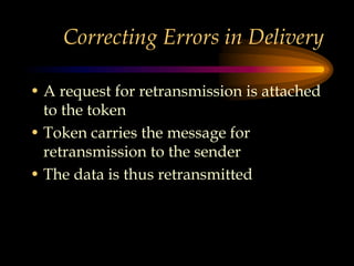 Correcting Errors in Delivery
• A request for retransmission is attached
to the token
• Token carries the message for
retransmission to the sender
• The data is thus retransmitted
 