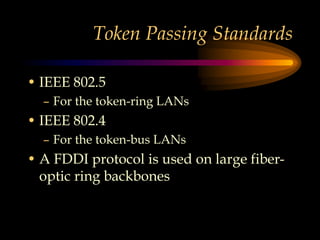 Token Passing Standards
• IEEE 802.5
– For the token-ring LANs
• IEEE 802.4
– For the token-bus LANs
• A FDDI protocol is used on large fiber-
optic ring backbones
 
