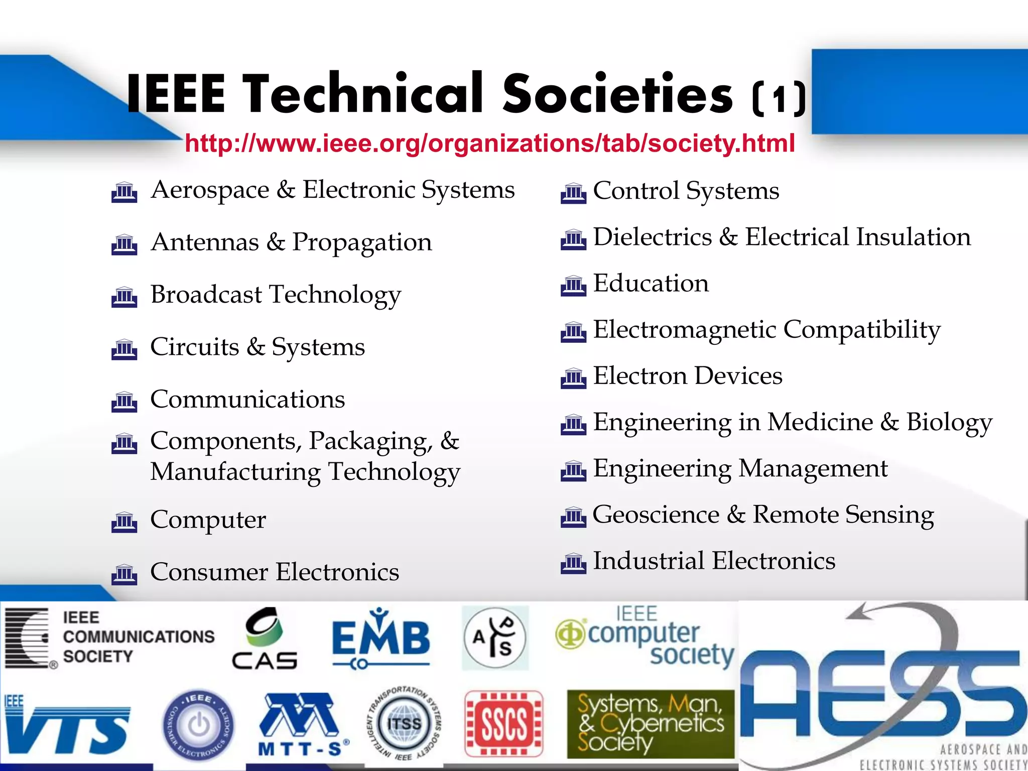 IEEE Technical Societies (1)
 Aerospace & Electronic Systems
 Antennas & Propagation
 Broadcast Technology
 Circuits & Systems
 Communications
 Components, Packaging, &
Manufacturing Technology
 Computer
 Consumer Electronics
http://www.ieee.org/organizations/tab/society.html
 Control Systems
 Dielectrics & Electrical Insulation
 Education
 Electromagnetic Compatibility
 Electron Devices
 Engineering in Medicine & Biology
 Engineering Management
 Geoscience & Remote Sensing
 Industrial Electronics
 