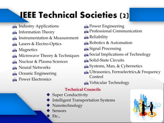IEEE Technical Societies (2)
 Industry Applications
 Information Theory
 Instrumentation & Measurement
 Lasers & Electro-Optics
 Magnetics
 Microwave Theory & Techniques
 Nuclear & Plasma Sciences
 Neural Networks
 Oceanic Engineering
 Power Electronics
Technical Councils
 Super Conductivity
 Intelligent Transportation Systems
 Nanotechnology
 Sensors
 Etc.,
 Power Engineering
 Professional Communication
 Reliability
 Robotics & Automation
 Signal Processing
 Social Implications of Technology
 Solid-State Circuits
 Systems, Man, & Cybernetics
 Ultrasonics, Ferroelectrics,& Frequency
Control
 Vehicular Technology
 