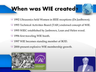 When was WIE created?
1992 Ultrasonics held Women in IEEE receptions (Dr.JanBrown).
1993 Technical Activities Board (TAB ) endorsed concept of WIE.
1995 WIEC established by Janbrown, Loan and Helen wood.
1996 first traveling WIE booth.
1997 WIE becomes standing member of BOD.
2000-present explosive WIE membership growth.
 
