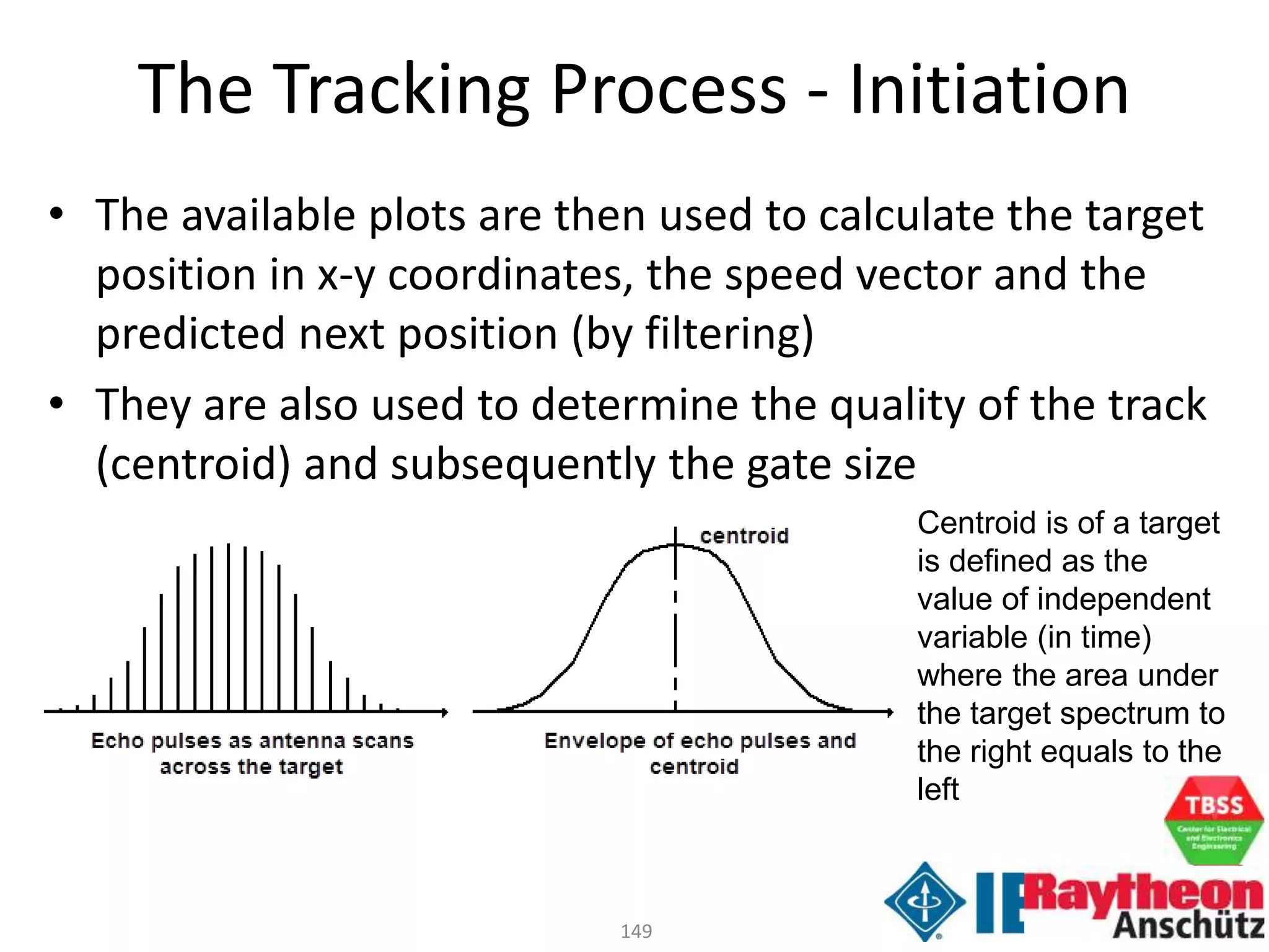 149
• The available plots are then used to calculate the target
position in x-y coordinates, the speed vector and the
predicted next position (by filtering)
• They are also used to determine the quality of the track
(centroid) and subsequently the gate size
Centroid is of a target
is defined as the
value of independent
variable (in time)
where the area under
the target spectrum to
the right equals to the
left
The Tracking Process - Initiation
 