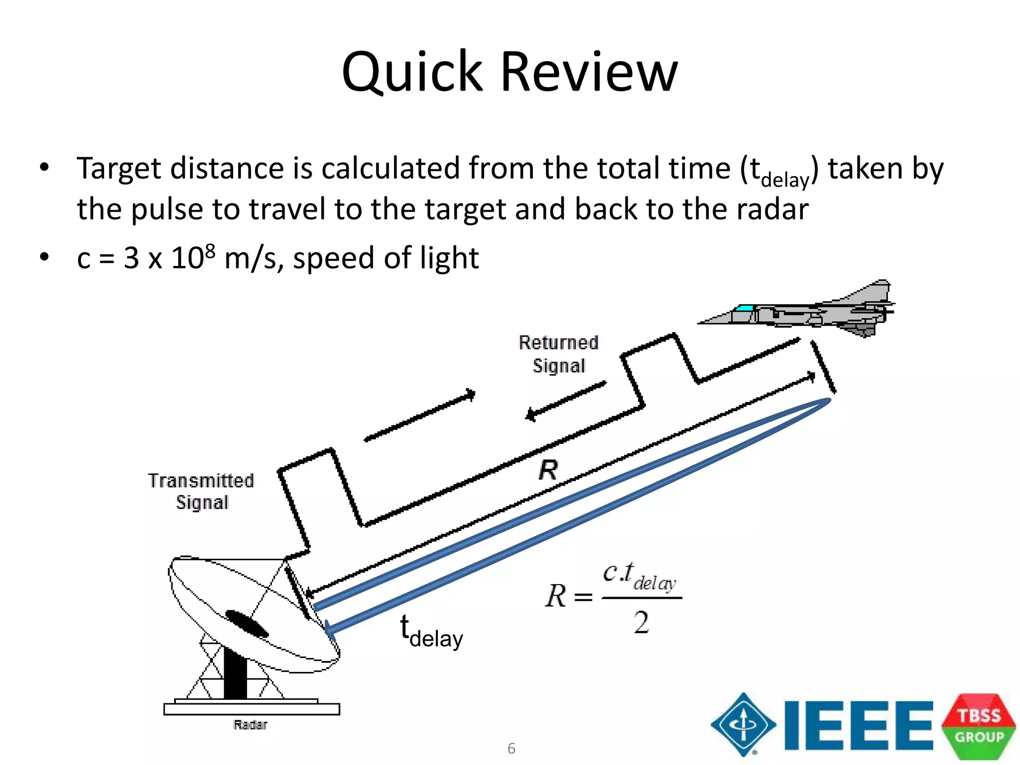 6
• Target distance is calculated from the total time (tdelay) taken by
the pulse to travel to the target and back to the radar
• c = 3 x 108 m/s, speed of light
Quick Review
tdelay
 