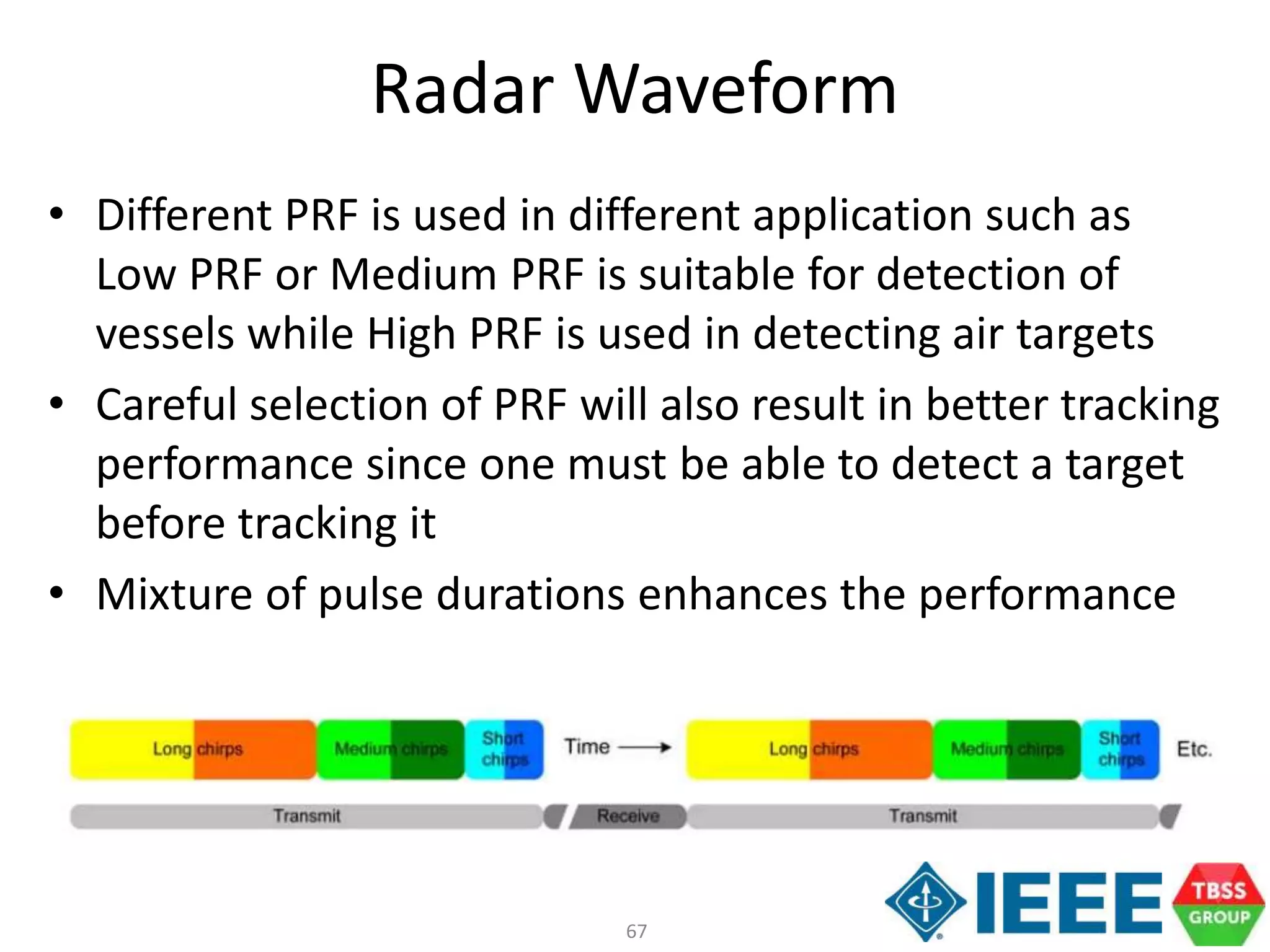 67
Radar Waveform
• Different PRF is used in different application such as
Low PRF or Medium PRF is suitable for detection of
vessels while High PRF is used in detecting air targets
• Careful selection of PRF will also result in better tracking
performance since one must be able to detect a target
before tracking it
• Mixture of pulse durations enhances the performance
 