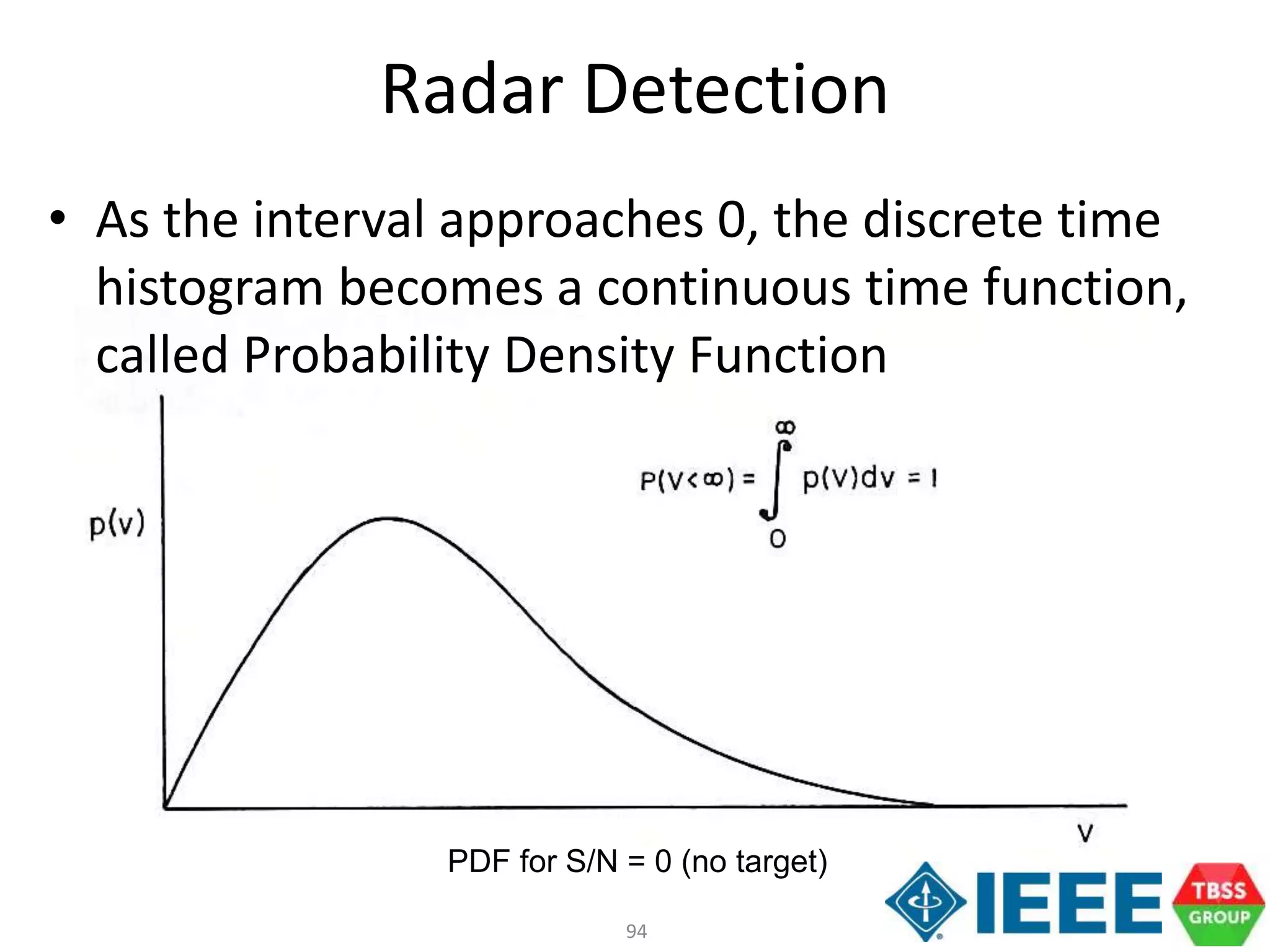 94
Radar Detection
• As the interval approaches 0, the discrete time
histogram becomes a continuous time function,
called Probability Density Function
PDF for S/N = 0 (no target)
 
