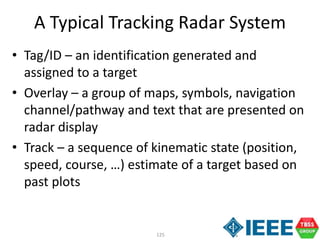125
A Typical Tracking Radar System
• Tag/ID – an identification generated and
assigned to a target
• Overlay – a group of maps, symbols, navigation
channel/pathway and text that are presented on
radar display
• Track – a sequence of kinematic state (position,
speed, course, …) estimate of a target based on
past plots
 