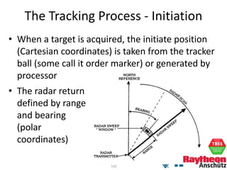 142
The Tracking Process - Initiation
• When a target is acquired, the initiate position
(Cartesian coordinates) is taken from the tracker
ball (some call it order marker) or generated by
processor
• The radar return
defined by range
and bearing
(polar
coordinates)
 