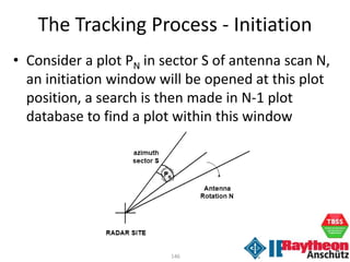 146
• Consider a plot PN in sector S of antenna scan N,
an initiation window will be opened at this plot
position, a search is then made in N-1 plot
database to find a plot within this window
The Tracking Process - Initiation
 