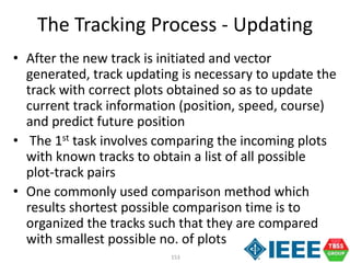 153
• After the new track is initiated and vector
generated, track updating is necessary to update the
track with correct plots obtained so as to update
current track information (position, speed, course)
and predict future position
• The 1st task involves comparing the incoming plots
with known tracks to obtain a list of all possible
plot-track pairs
• One commonly used comparison method which
results shortest possible comparison time is to
organized the tracks such that they are compared
with smallest possible no. of plots
The Tracking Process - Updating
 
