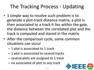 155
• 1 simple way to resolve such problem is to
generate a plot-track distance matrix, a plot is
then associated to a track it lies within the gate,
the distance between the correlated plot and the
track is computed and stored in the matrix
• After the comparison cycle, some common
situations can occur
– 1 plot is associated to 1 track
– 1 plot is associated to several tracks
– several plots are assigned to 1 track
– no associated of plot to any track
The Tracking Process - Updating
 