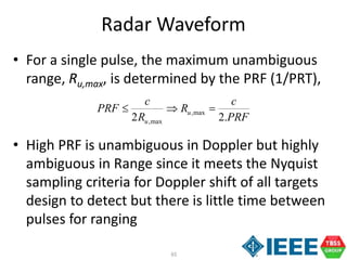 65
Radar Waveform
• For a single pulse, the maximum unambiguous
range, Ru,max, is determined by the PRF (1/PRT),
• High PRF is unambiguous in Doppler but highly
ambiguous in Range since it meets the Nyquist
sampling criteria for Doppler shift of all targets
design to detect but there is little time between
pulses for ranging
PRF
c
R
R
c
PRF u
u .22
max,
max,

 