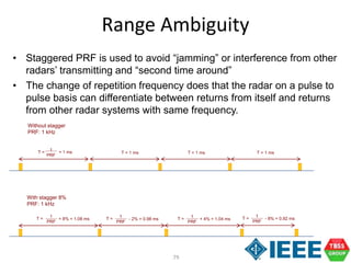 79
Range Ambiguity
• Staggered PRF is used to avoid “jamming” or interference from other
radars’ transmitting and “second time around”
• The change of repetition frequency does that the radar on a pulse to
pulse basis can differentiate between returns from itself and returns
from other radar systems with same frequency.
T =
1
PRF
Without stagger
PRF: 1 kHz
= 1 ms T = 1 msT = 1 ms T = 1 ms
T =
1
PRF
With stagger 8%
PRF: 1 kHz
+ 8% = 1.08 ms T =
1
PRF
- 2% = 0.98 ms T =
1
PRF
+ 4% = 1.04 ms T =
1
PRF
- 8% = 0.92 ms
 