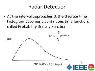94
Radar Detection
• As the interval approaches 0, the discrete time
histogram becomes a continuous time function,
called Probability Density Function
PDF for S/N = 0 (no target)
 